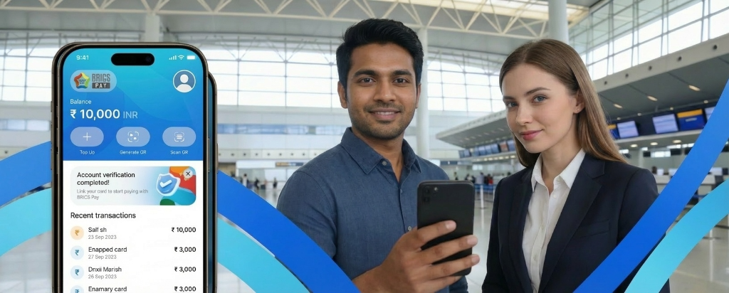 Mobile payment app screen with travelers in an airport using a smartphone